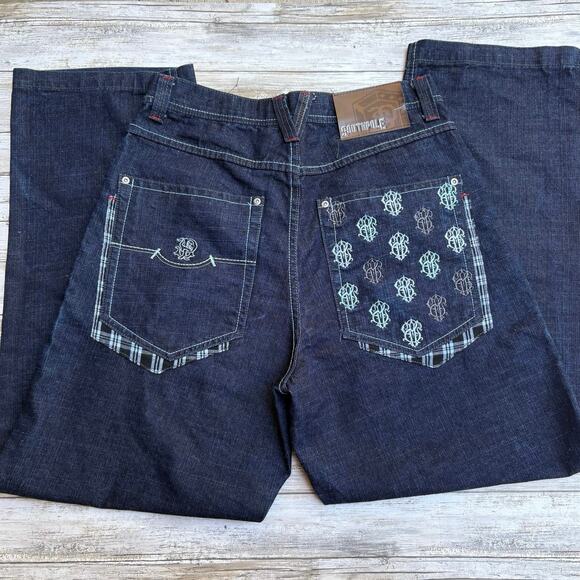 Y2K Southpole Jeans Sz 32 Dark Wash Ramie Embroidered Baggy Wide Leg Skater - Picture 1 of 12